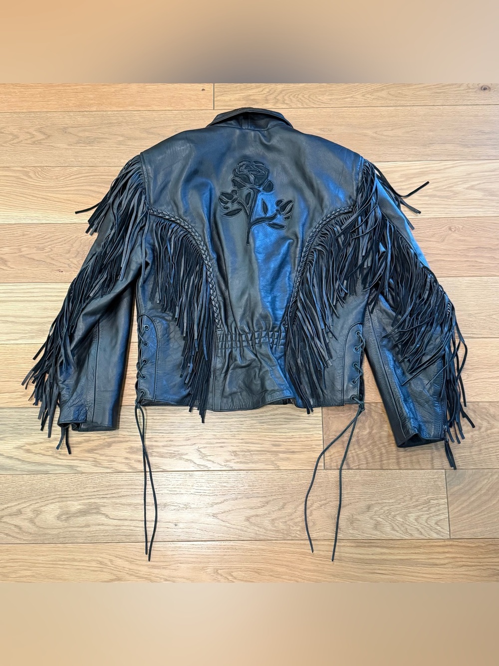 Vintage Leather Rose Embroidered Black Jacket Braided Womens Medium Biker